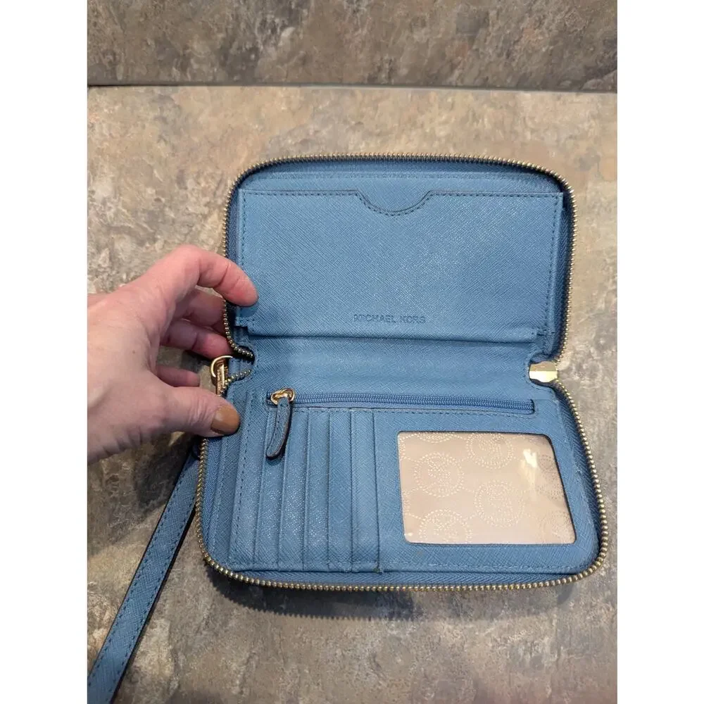 Michael Kors Light Blue Zipper Wallet/Wristlet. 6.5 in x 4 in x 0.5 in.